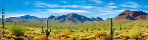 panoramic view of the Arizona desert with cacti and mountains, colorful, highly detailed, high resolution, hyper realistic  photo