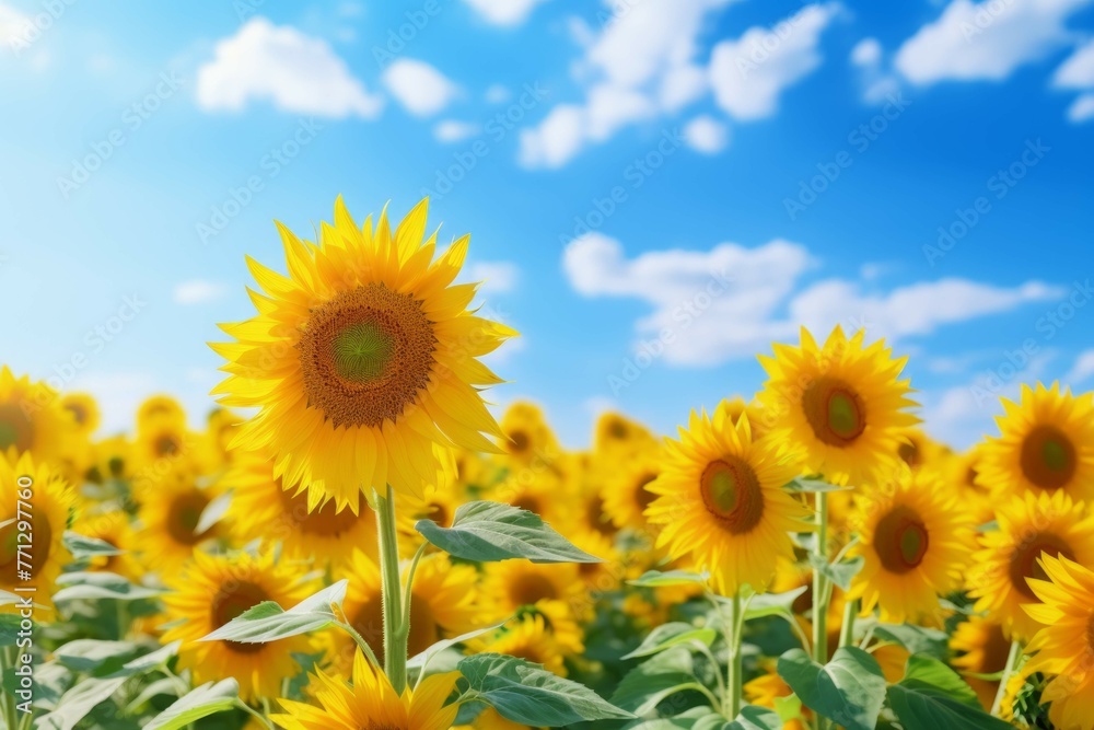 A sunflower field with a blue sky