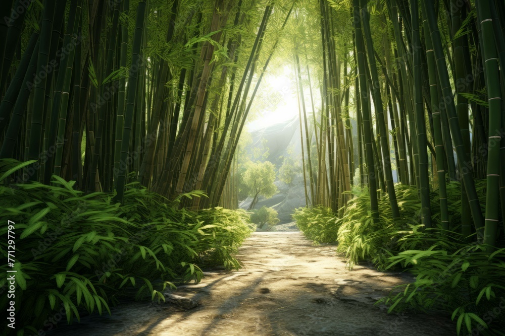 A bamboo forest with a path winding through it