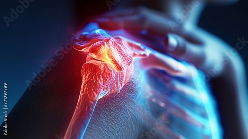 Joint diseases including acromioclavicular, acromion, glenohumeral. Illustrates a woman experiencing shoulder pain, highlighting health issues. photo