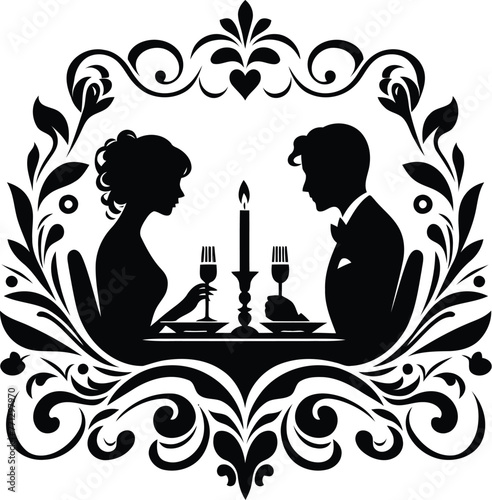 couple dating dinner with victorian flourish decoration in black and white illustration