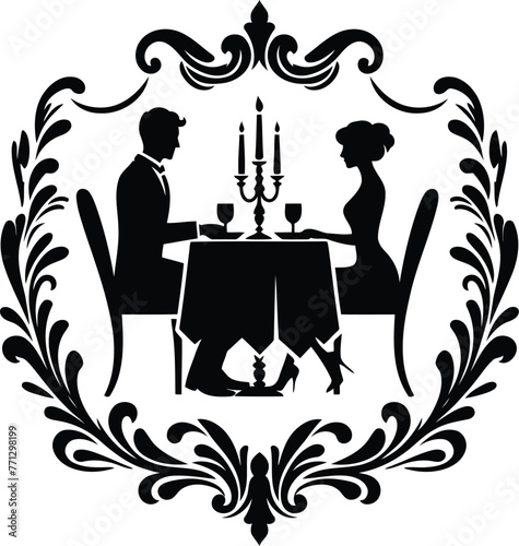 couple dating dinner with victorian flourish decoration in black and white illustration