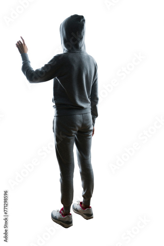 Person in hoodie and sweatpants standing against a white background, with a gesture implying motion or interaction