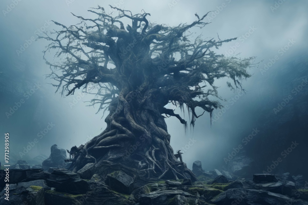 Fototapeta premium A giant, ancient tree, surrounded by a mysterious mist
