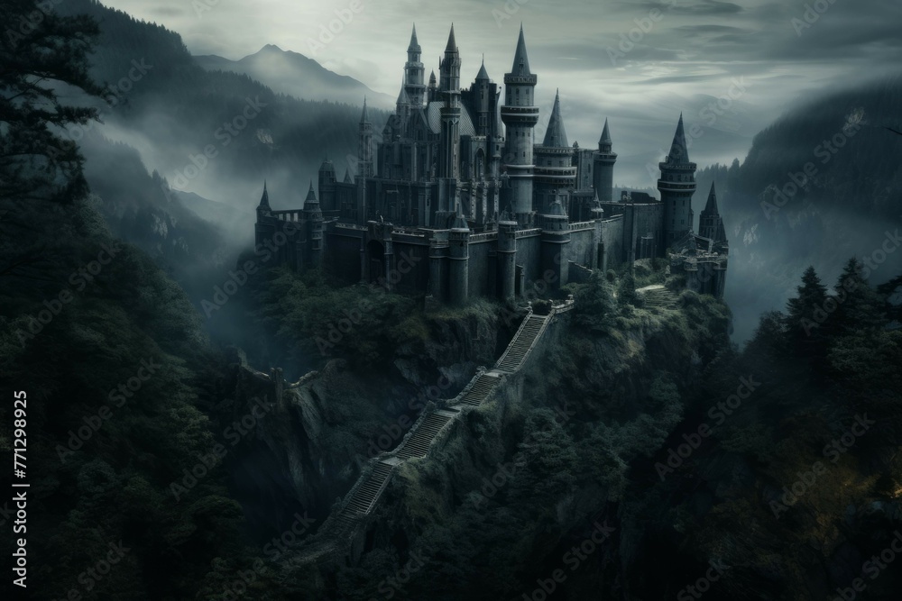 A mysterious castle, perched atop a mountain, surrounded by a dark and foreboding forest