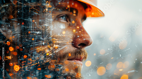 Double exposure combines a man's face and the structures of some kind of construction building. An engineer wearing a construction worker's helmet.