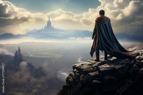 A wizard, standing atop a mountain peak, overlooking a vast kingdom