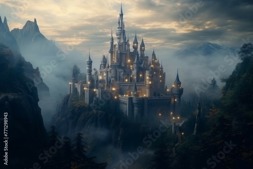 A mysterious castle in a foggy landscape  with a magical atmosphere