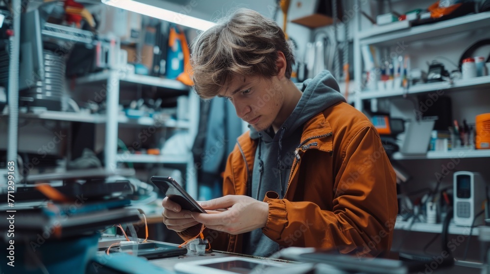 The technician carefully examines the integrity of the internal elements of the smartphone in a modern repair shop The technician carefully examines the integrity of the internal elements of the smartphone in a modern repair shop