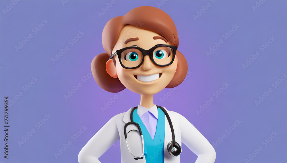 3d render. Cartoon character caucasian woman doctor wears glasses and uniform. Medical clip art isolated on blue violet background.
