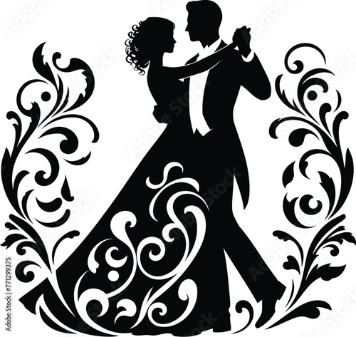 couple dancing with victorian flourish decoration in black and white illustration