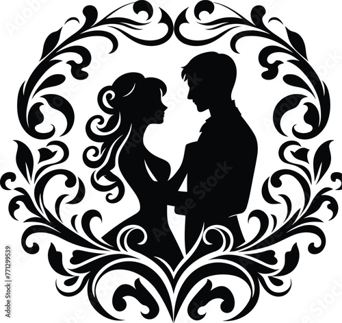 couple romantic with victorian flourish decoration in black and white illustration