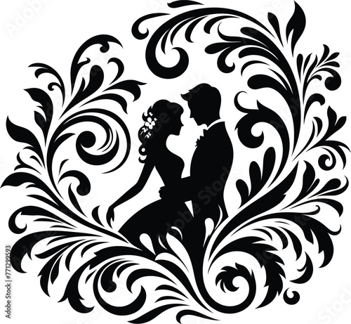 couple romantic with victorian flourish decoration in black and white illustration