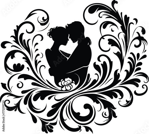 couple romantic with victorian flourish decoration in black and white illustration
