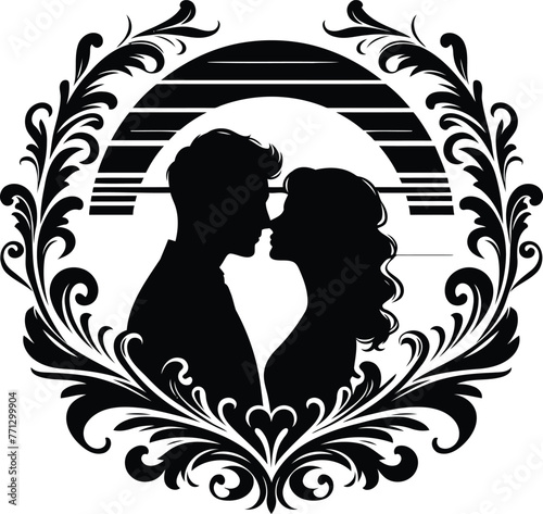 couple romantic with victorian flourish decoration in black and white illustration