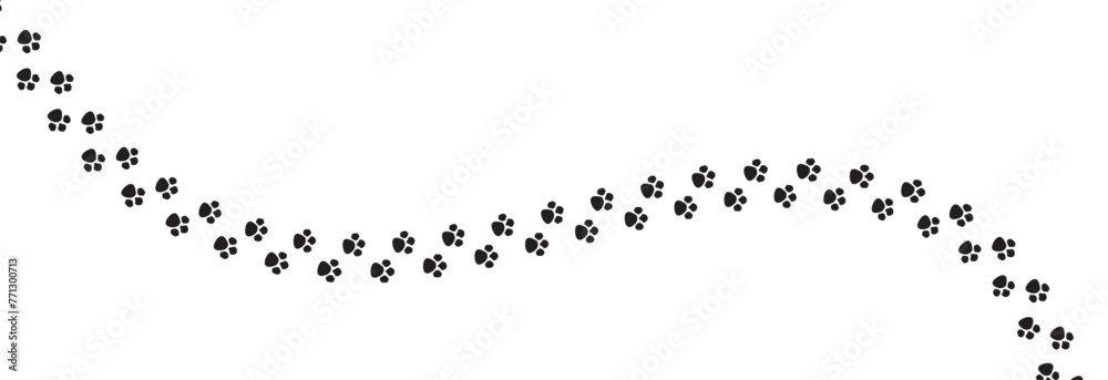 Paw vector foot trail print of cat. Dog, puppy silhouette animal diagonal tracks for t-shirts, backgrounds, patterns, websites, showcases design, greeting cards, child prints and etc. Paw Vector. - obrazy, fototapety, plakaty 