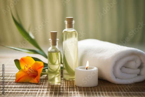 Bottles with oils  a white towel  a candle  and a flower on a light background. 