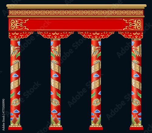 Eastern chinese arch. Carved red gold columns