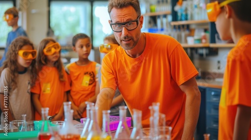 A fun event is taking place in a lab where a group of children are conducting a science experiment  using tableware  drinkware  bottles  and sharing non-alcoholic beverages. AIG41