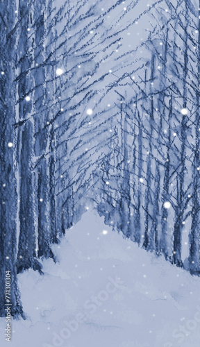 水彩で描いた雪の降る森の風景イラスト【手描き】