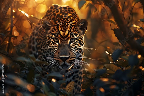 : A leopard prowling through the dense underbrush, bathed in the golden light of sunset © Kashif