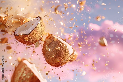 open coconuts covered in golden glitter flying against pink sky, summer vibes photo