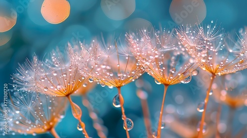 Dandelion seeds in water droplets 