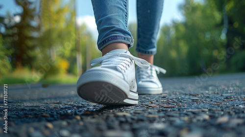 A girl in jeans and white sneakers walks on the asphalt in close-up