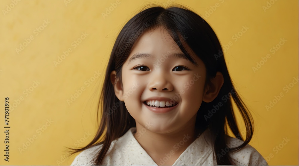 young japanese child girl on plain bright yellow background laughing hysterically looking at camera background banner template ad marketing concept from Generative AI young japanese child girl on plain bright yellow background laughing hysterically looking at camera background banner template ad marketing concept from Generative AI