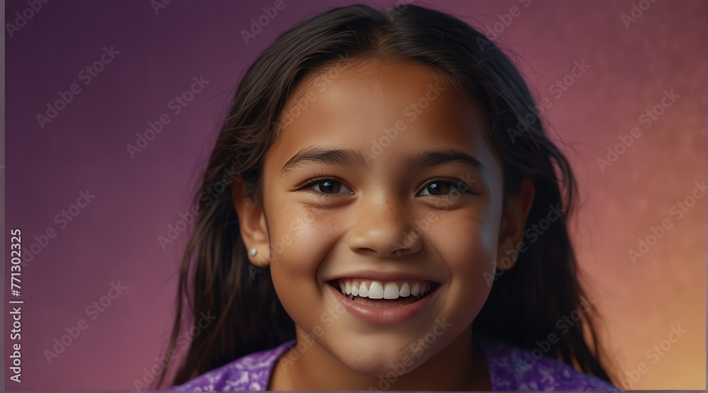 young native hawaiian child girl on plain bright purple background laughing hysterically looking at camera background banner template ad marketing concept from Generative AI