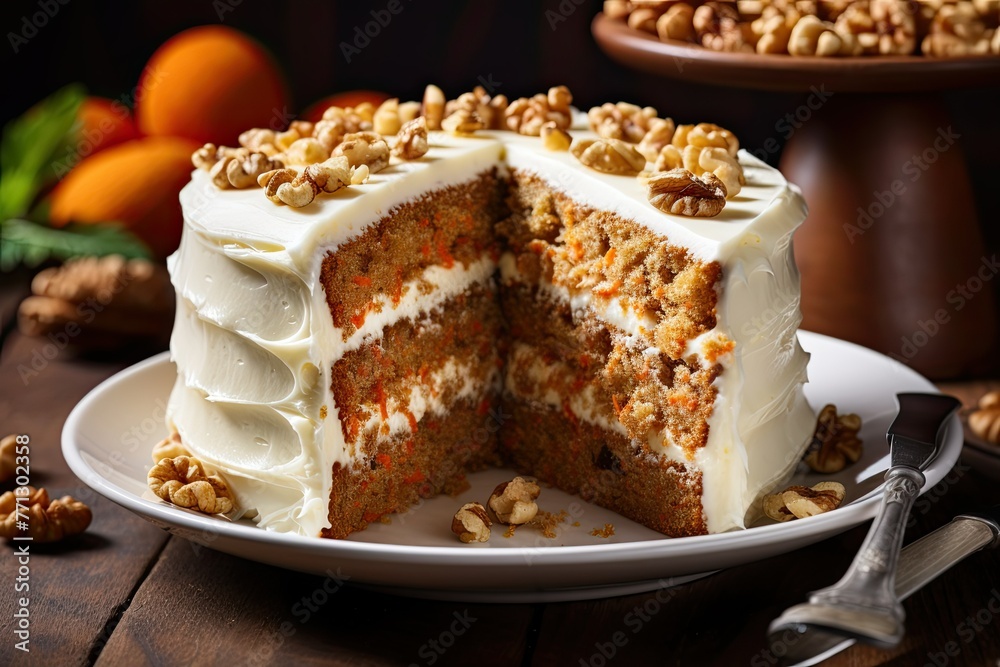 A moist and flavorful carrot cake with a slice missing, revealing the rich texture and enticing aroma of the freshly baked dessert. Generative AI A moist and flavorful carrot cake with a slice missing, revealing the rich texture and enticing aroma of the freshly baked dessert. Generative AI