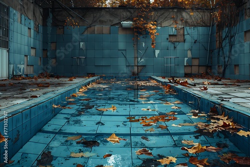 : A long-deserted swimming pool, with leaves and dirt collecting in the deep blue, surrounded by crumbling tiles and fences