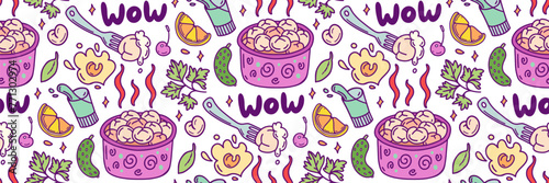 Meat dumplings color pattern. Dough and meat products background doodles. Pelmeni and sour cream.