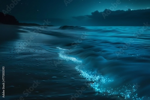 : A magical, mysterious bioluminescent bay, displaying the gentle and harmonious interaction between plankton and water waves, in a time-lapse