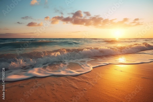 a tranquil beach at sunset  with the sun setting in the distant horizon  the waves gently rolling onto the shore  and the sand glimmering in the golden light