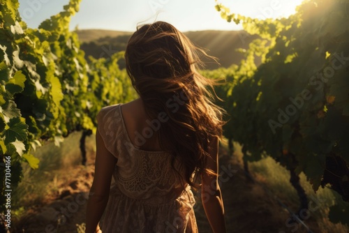 Woman walking through a vineyard
