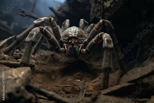 A giant spider crawling out of a hole in the ground.