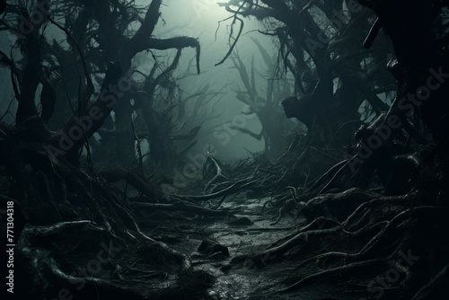 Spooky forest with twisted trees and mist