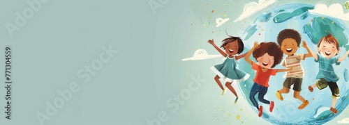 Banner illustration of a children jumping for joy, planet Earth in the background on a pale blue background and space for text , WORLD KIDS