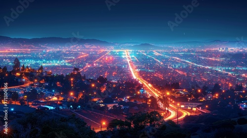 A city at night with a bright city skyline and a highway in the middle. The city is lit up with lights and the highway is busy with cars. Scene is lively and bustling