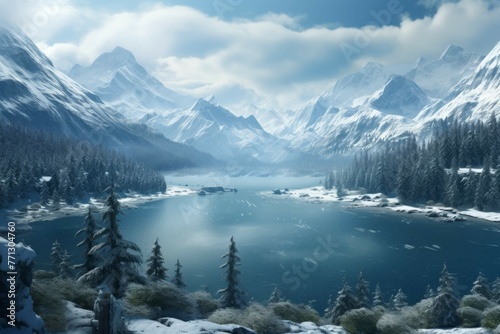 Serene lake surrounded by snow-covered mountains and forest