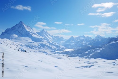A snow-covered mountain range with a clear blue sky.