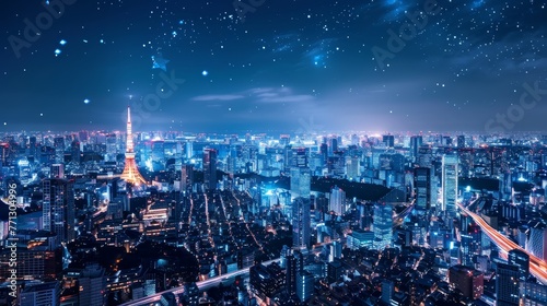 A city at night with a tall tower in the background. The city is lit up with lights and the sky is filled with stars