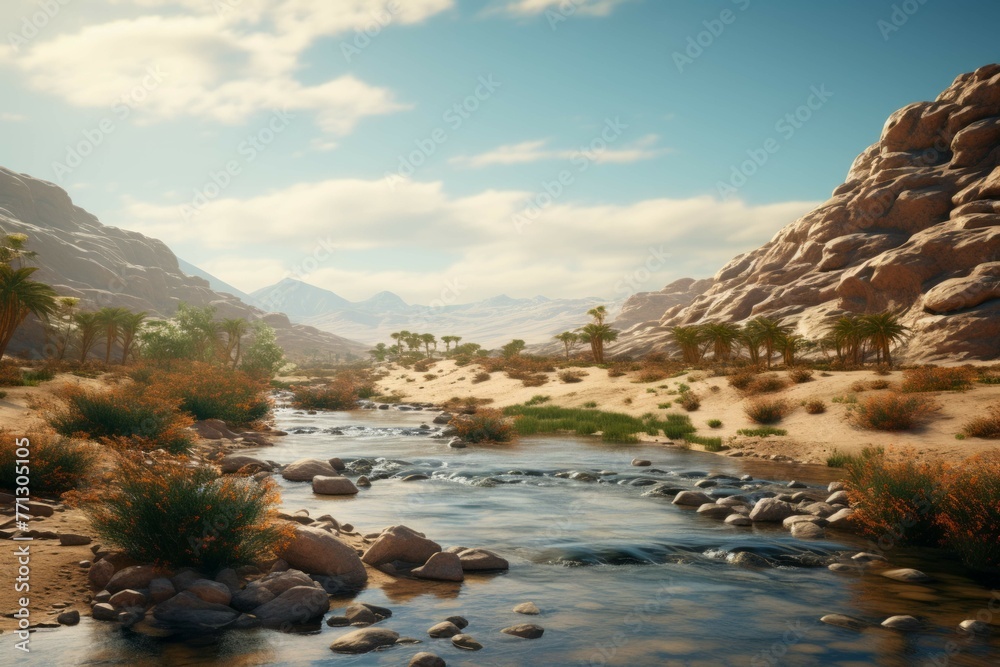 Tranquil river flowing through desert landscape.