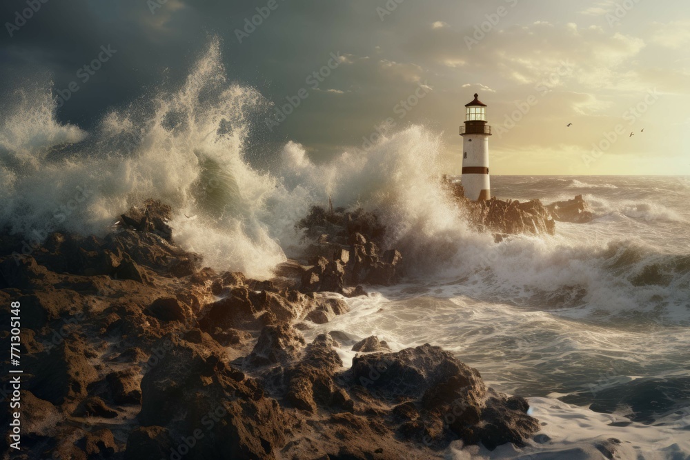 A lighthouse on a rocky coastline with waves crashing.