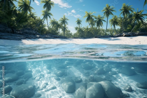 Tranquil beach with crystal clear waters and palm trees.