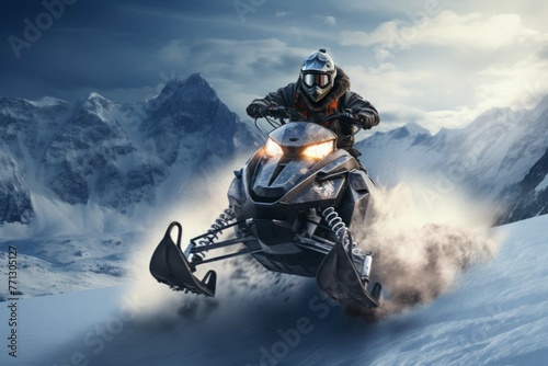 Snowmobile ride through a snowy mountain landscape.