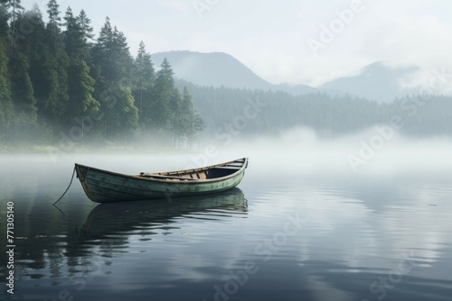 Rowboat on a calm lake with a misty forest.