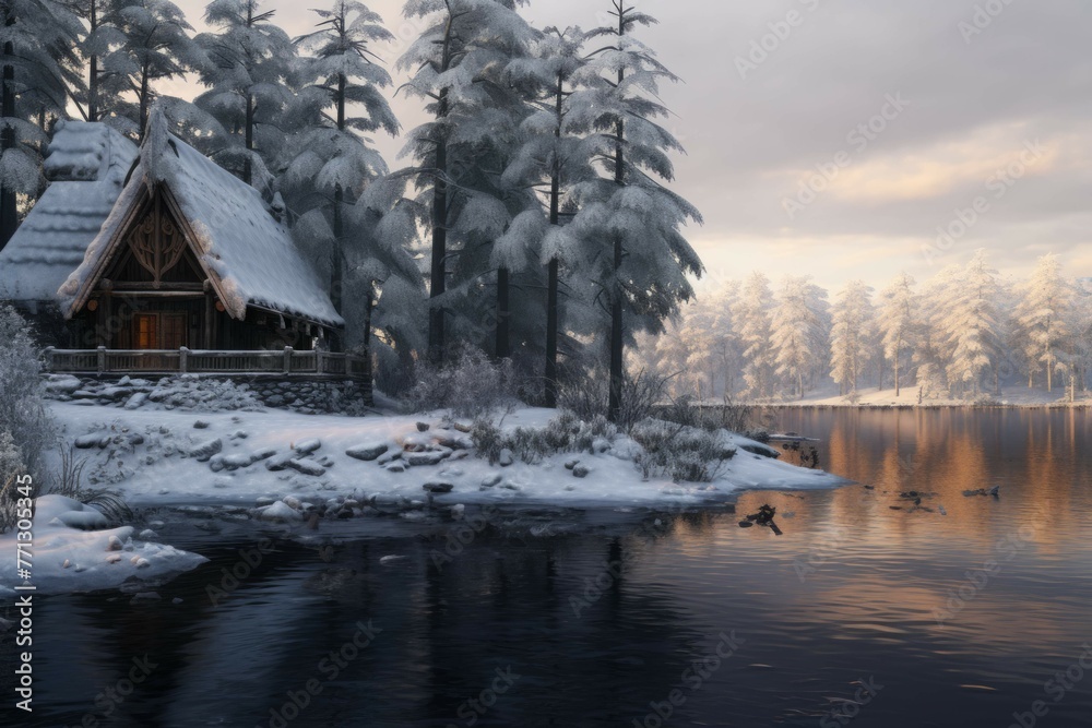 Fototapeta premium Cabin in snowy forest with frozen lake