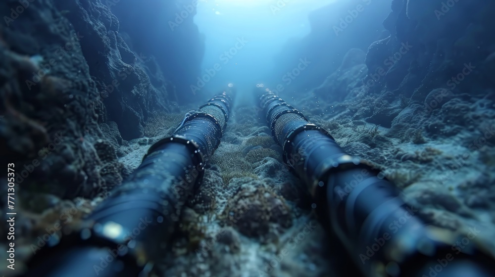 Two black pipes are in the water. The pipes are connected to each other - obrazy, fototapety, plakaty 